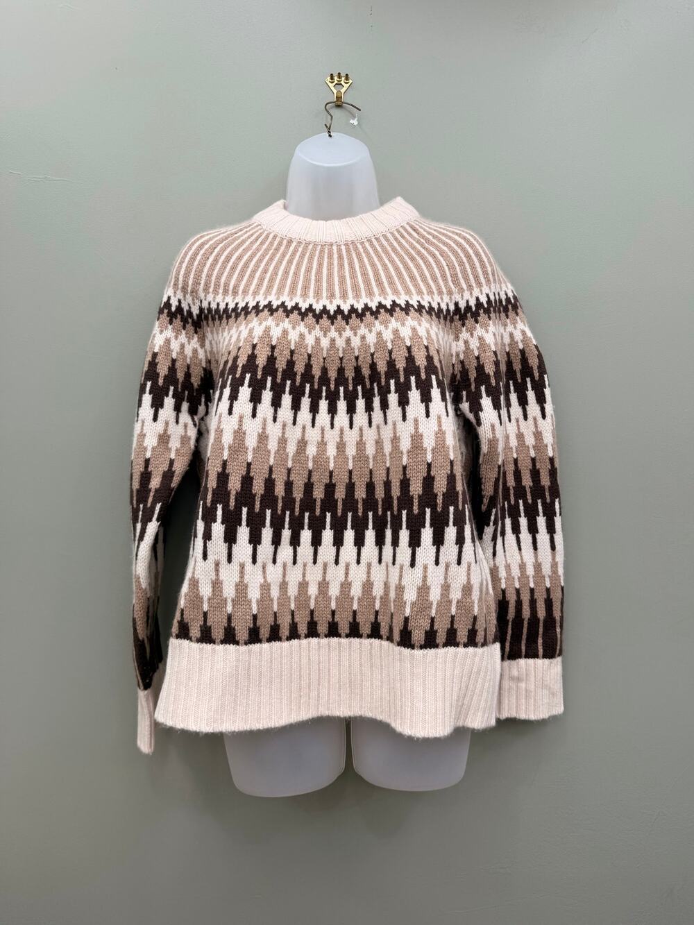 Everlane Fair Isle Crew Sweater M Brown Bone 100% Wool Nordic RWS